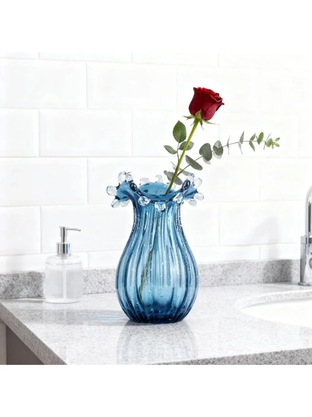Unique Hand Blown Blue Glass Vase | Modern Art Decor for Living Room & Office